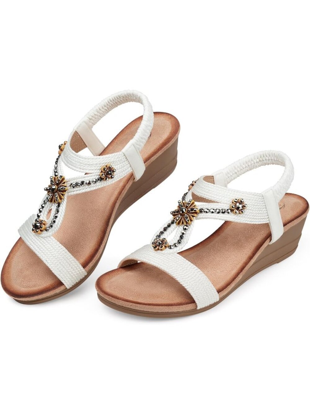 Women's White Pearl Rhinestone Elastic Strap Open Toe Low Heel Wedge Sandals - Picture 6 of 6